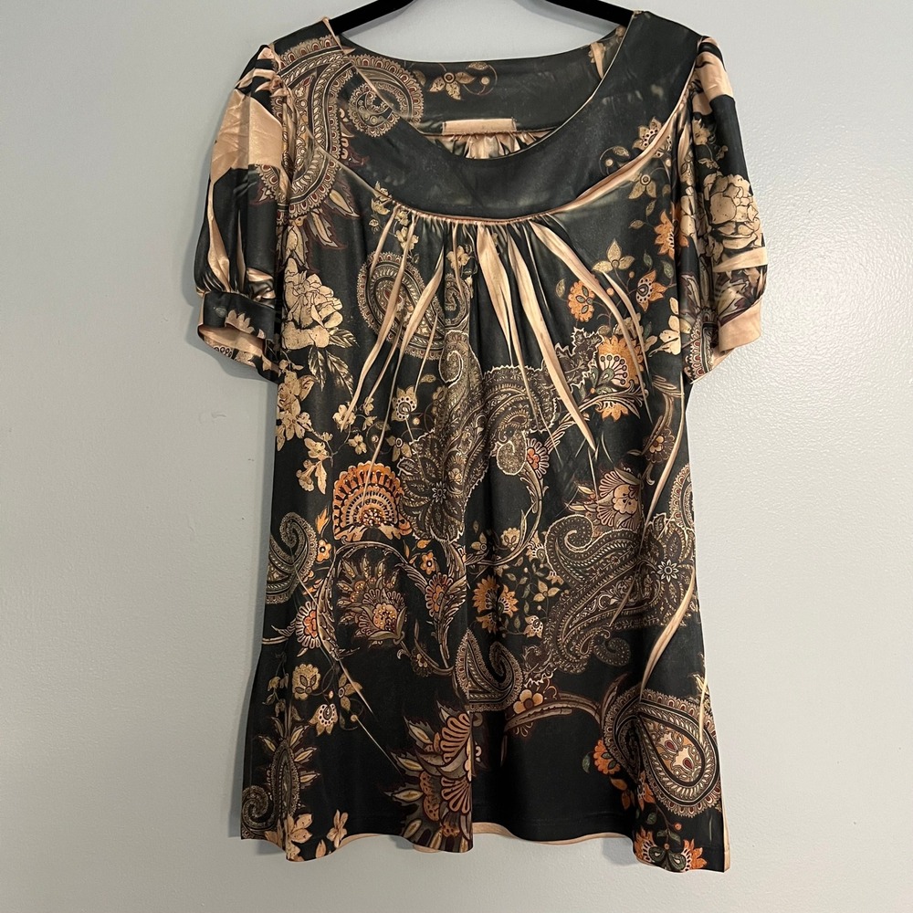 Paisley Floral Rhinestone Puff Sleeve Blouse Black Gold Boho Top Large Flowy